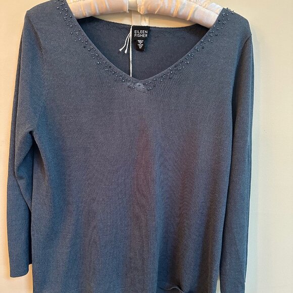 Eileen Fisher Teal V-Neck Sweater – Italian Yarn – Beaded Neckline – Size Medium - Picture 1 of 5